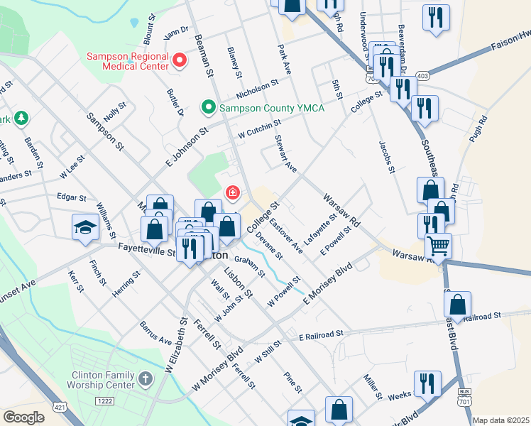 map of restaurants, bars, coffee shops, grocery stores, and more near in Clinton