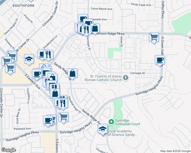 map of restaurants, bars, coffee shops, grocery stores, and more near 781 Feather Ridge Drive in Henderson