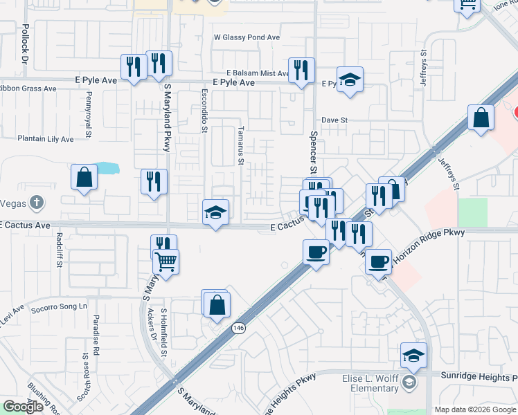 map of restaurants, bars, coffee shops, grocery stores, and more near 1565 Tillman Falls Avenue in Las Vegas