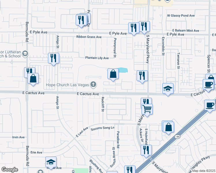 map of restaurants, bars, coffee shops, grocery stores, and more near 1050 East Cactus Avenue in Las Vegas