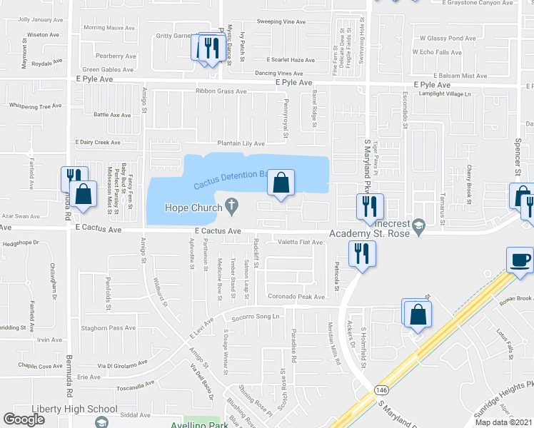 map of restaurants, bars, coffee shops, grocery stores, and more near 1050 East Cactus Avenue in Las Vegas