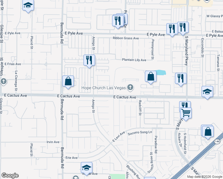 map of restaurants, bars, coffee shops, grocery stores, and more near 840 East Cactus Avenue in Las Vegas