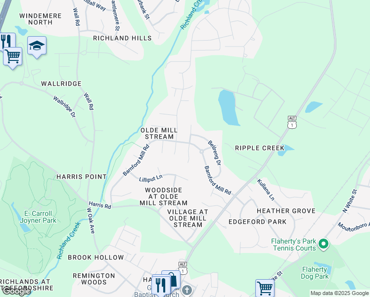 map of restaurants, bars, coffee shops, grocery stores, and more near 429 Ferry Court in Wake Forest