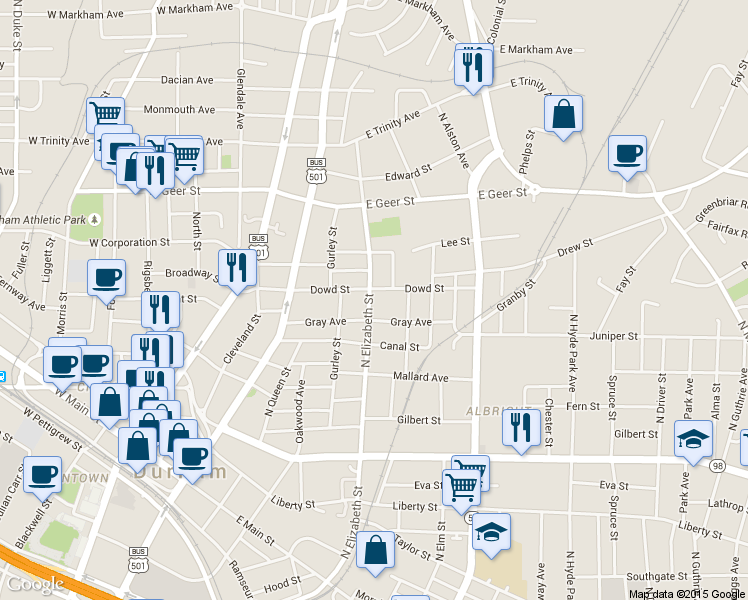 map of restaurants, bars, coffee shops, grocery stores, and more near 414 Dowd Street in Durham