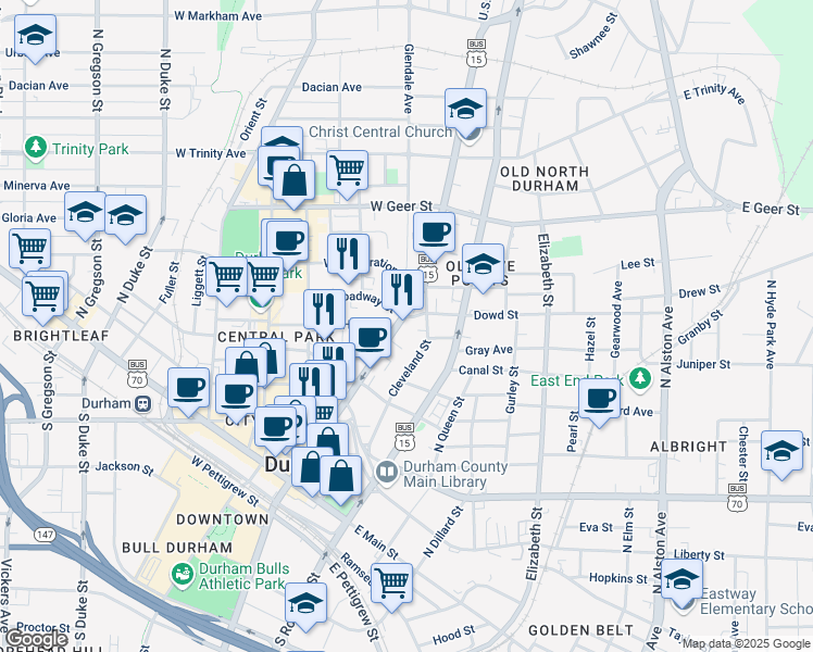 map of restaurants, bars, coffee shops, grocery stores, and more near 905 Cleveland Street in Durham
