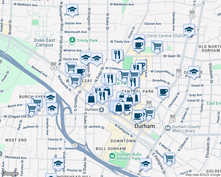 map of restaurants, bars, coffee shops, grocery stores, and more near 508 Fernway Avenue in Durham