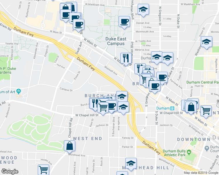 map of restaurants, bars, coffee shops, grocery stores, and more near 903 Rome Avenue in Durham