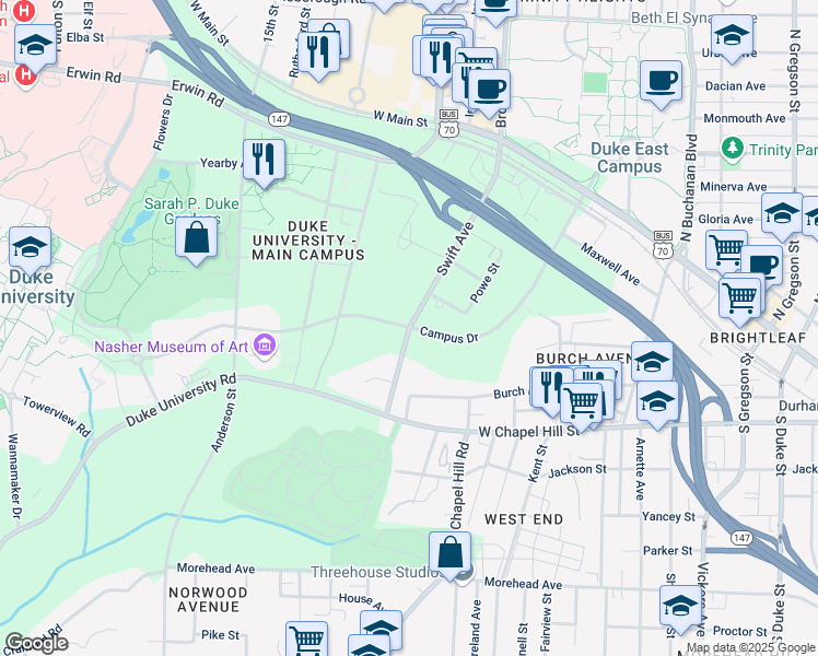 map of restaurants, bars, coffee shops, grocery stores, and more near in Durham