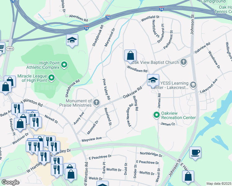 map of restaurants, bars, coffee shops, grocery stores, and more near 107 Jacklyn Court in High Point