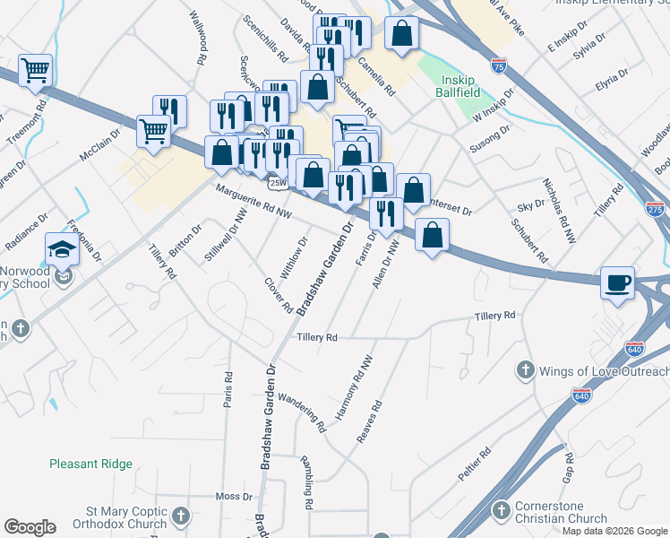 map of restaurants, bars, coffee shops, grocery stores, and more near 1109 Farris Drive in Knoxville
