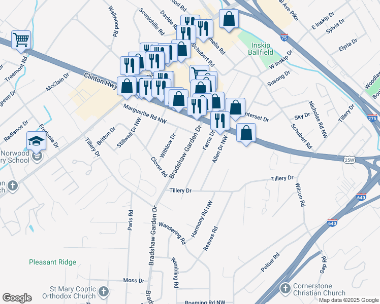 map of restaurants, bars, coffee shops, grocery stores, and more near 1109 Farris Drive in Knoxville