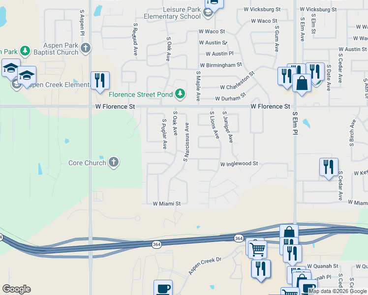 map of restaurants, bars, coffee shops, grocery stores, and more near 5005 South Narcissus Avenue in Broken Arrow