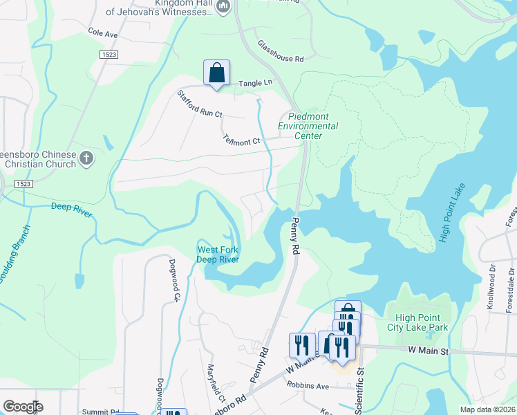 map of restaurants, bars, coffee shops, grocery stores, and more near 1107 Springview Drive in High Point