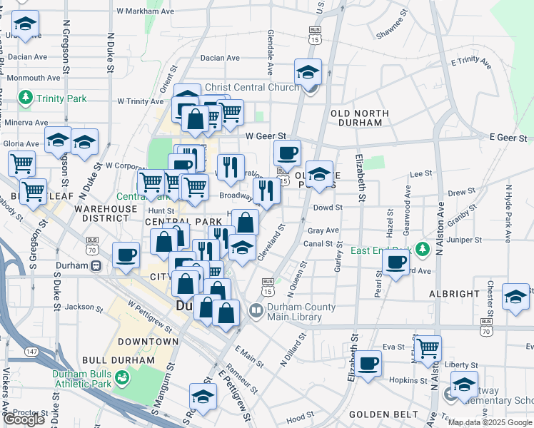 map of restaurants, bars, coffee shops, grocery stores, and more near 608 North Mangum Street in Durham