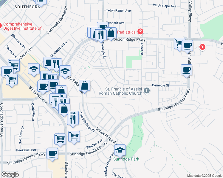 map of restaurants, bars, coffee shops, grocery stores, and more near 781 Feather Ridge Drive in Henderson