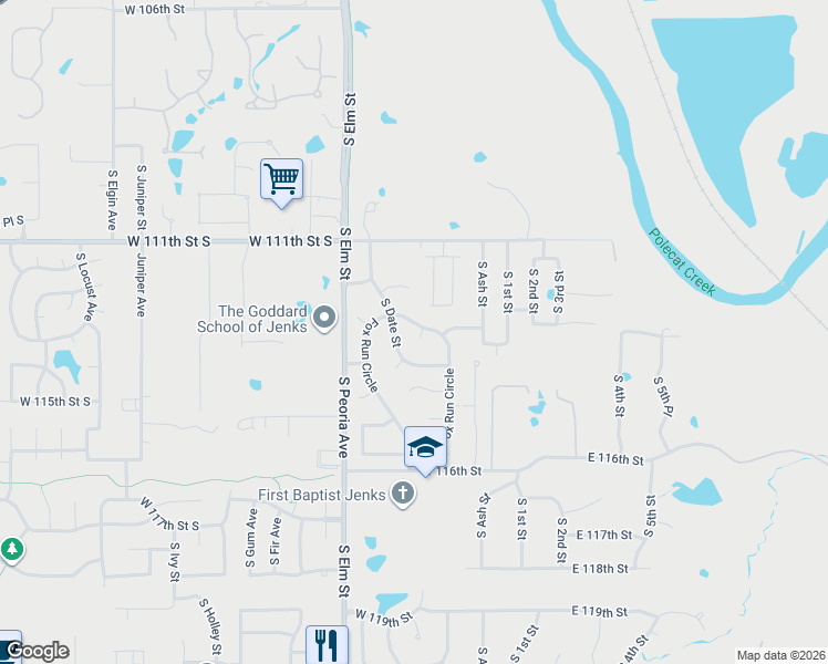 map of restaurants, bars, coffee shops, grocery stores, and more near 22 Fox Run Circle in Jenks