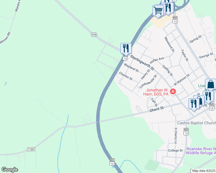 map of restaurants, bars, coffee shops, grocery stores, and more near U.S. 13 Bypass in Windsor