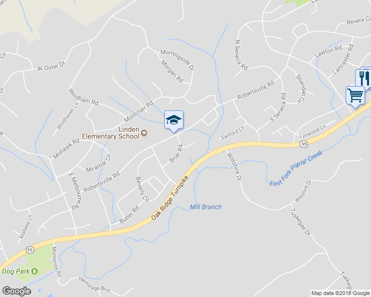 map of restaurants, bars, coffee shops, grocery stores, and more near 202 Bunker Lane in Oak Ridge