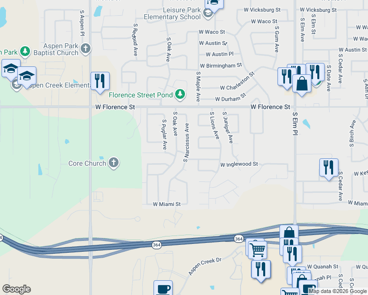 map of restaurants, bars, coffee shops, grocery stores, and more near 5005 South Narcissus Avenue in Broken Arrow