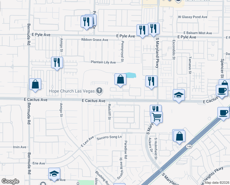 map of restaurants, bars, coffee shops, grocery stores, and more near 1050 East Cactus Avenue in Las Vegas