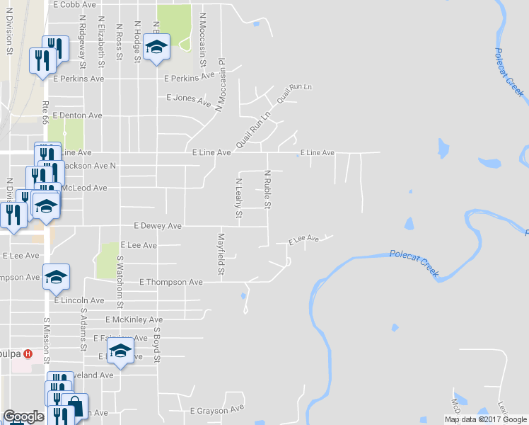 map of restaurants, bars, coffee shops, grocery stores, and more near 1718 East Hobson Avenue in Sapulpa