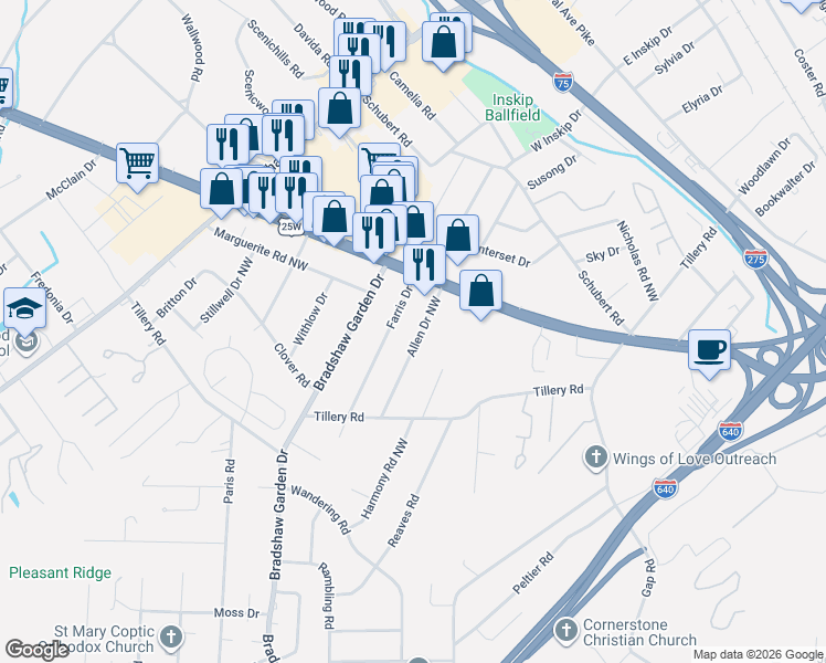map of restaurants, bars, coffee shops, grocery stores, and more near 1103 Allen Drive Northwest in Knoxville
