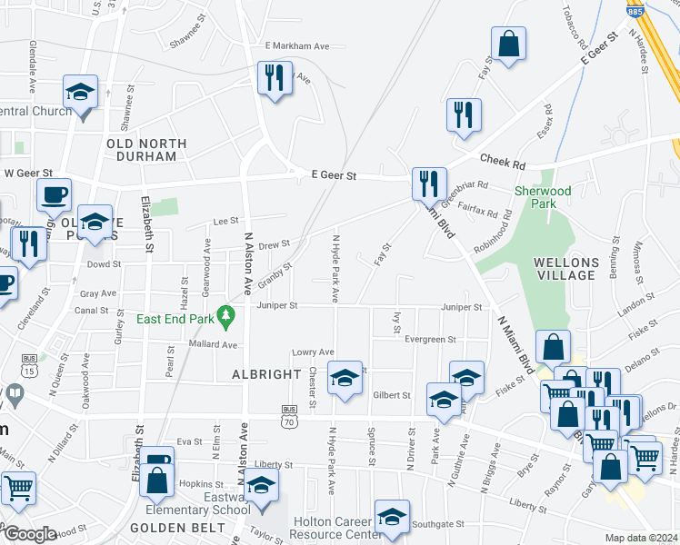 map of restaurants, bars, coffee shops, grocery stores, and more near 1406 North Hyde Park Avenue in Durham
