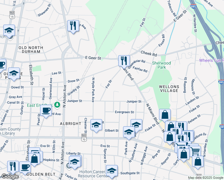 map of restaurants, bars, coffee shops, grocery stores, and more near 1329 Ivy Street in Durham