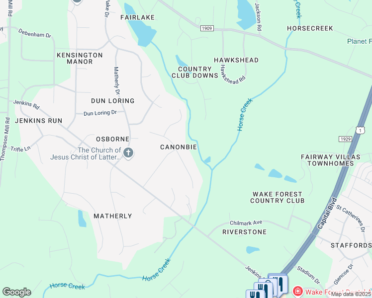 map of restaurants, bars, coffee shops, grocery stores, and more near 2501 Canonbie Lane in Wake Forest