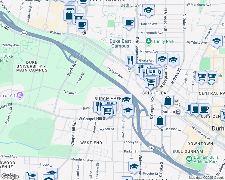 map of restaurants, bars, coffee shops, grocery stores, and more near 909 Rome Avenue in Durham