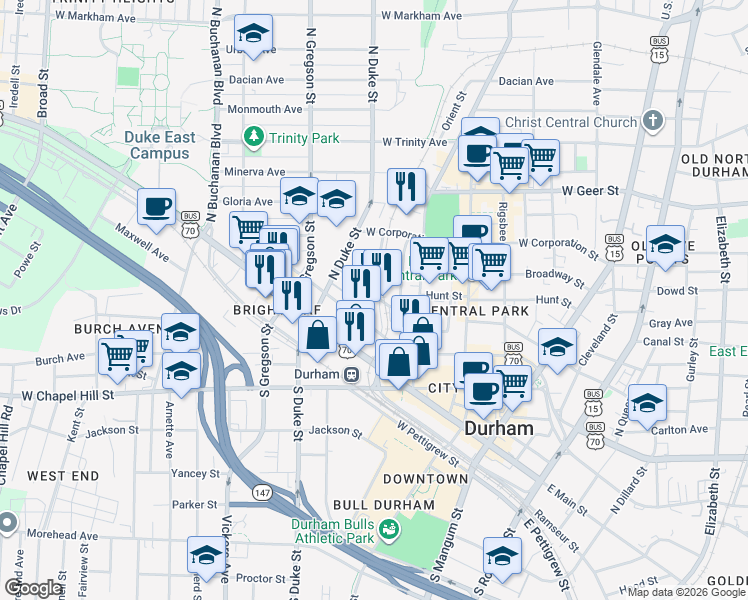 map of restaurants, bars, coffee shops, grocery stores, and more near 604 Fernway Avenue in Durham