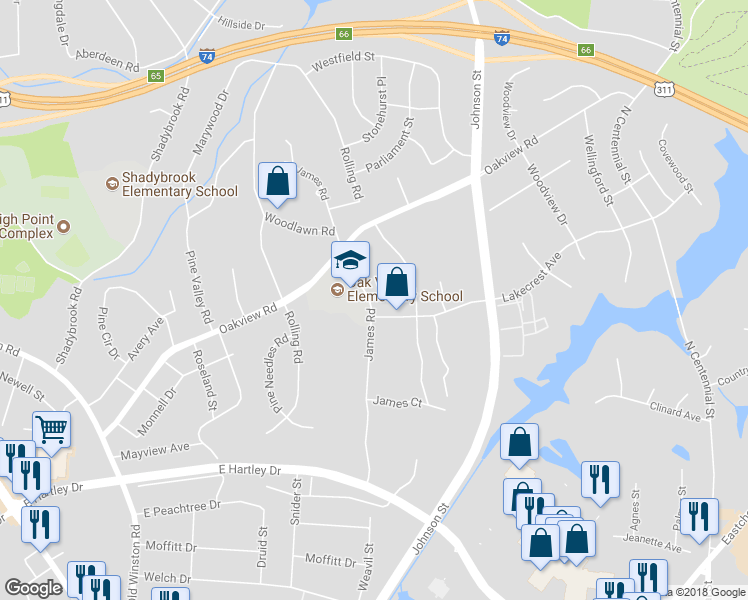 map of restaurants, bars, coffee shops, grocery stores, and more near 604 James Road in High Point