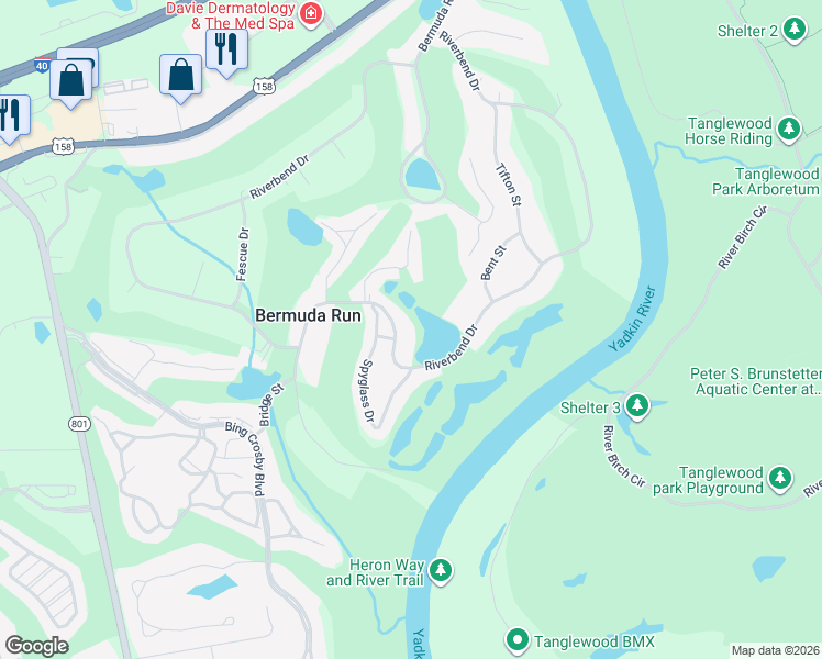 map of restaurants, bars, coffee shops, grocery stores, and more near 600 Riverbend Drive in Advance