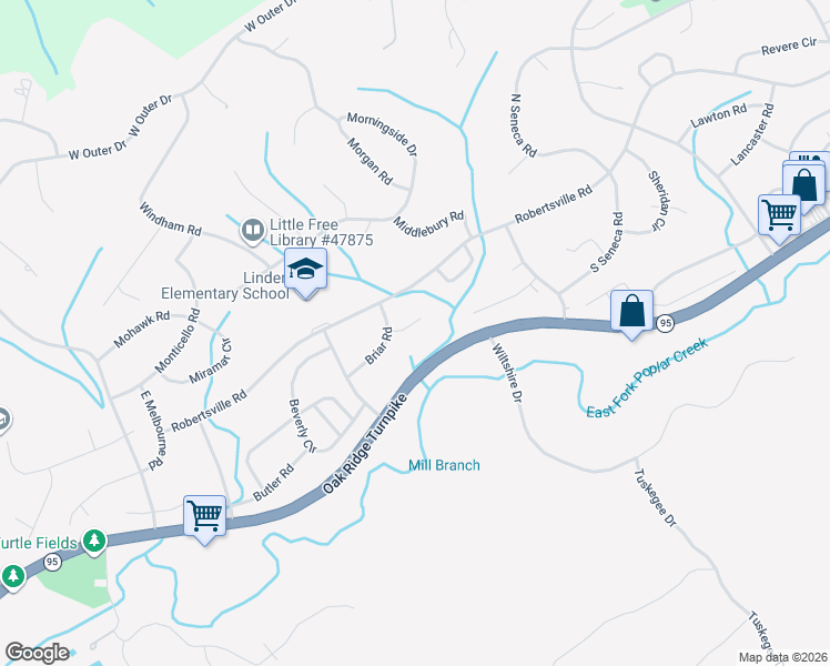 map of restaurants, bars, coffee shops, grocery stores, and more near 202 Bunker Lane in Oak Ridge