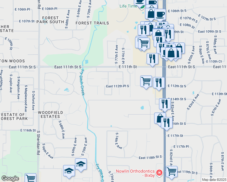 map of restaurants, bars, coffee shops, grocery stores, and more near 11265 South 73rd East Place in Bixby