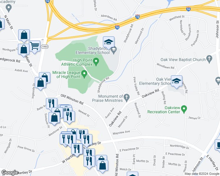 map of restaurants, bars, coffee shops, grocery stores, and more near 828 Pine Circle Drive in High Point