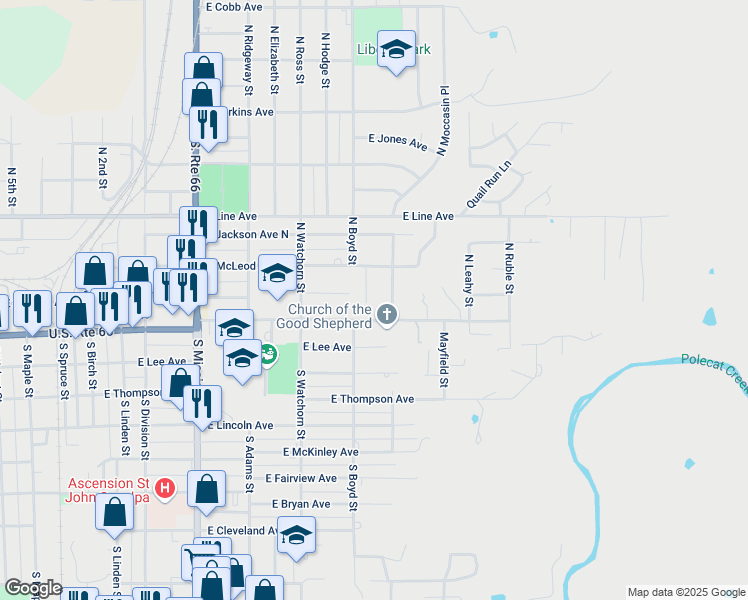 map of restaurants, bars, coffee shops, grocery stores, and more near 15 N Boyd Pl in Sapulpa