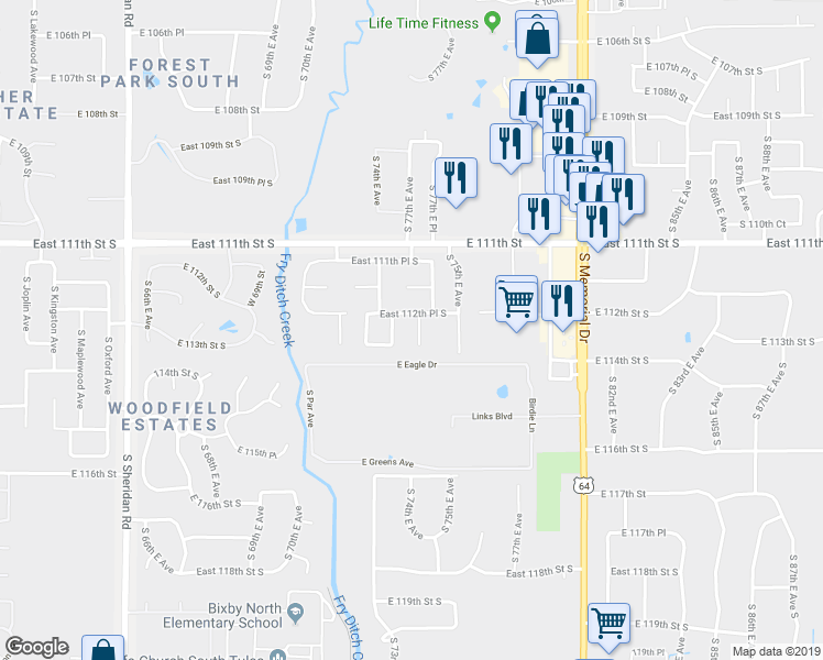 map of restaurants, bars, coffee shops, grocery stores, and more near 11256 South 73rd East Court in Bixby