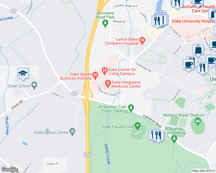 map of restaurants, bars, coffee shops, grocery stores, and more near 3475 Erwin Road in Durham