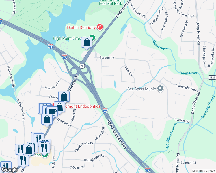 map of restaurants, bars, coffee shops, grocery stores, and more near 2614 Sandy Woods Court in High Point