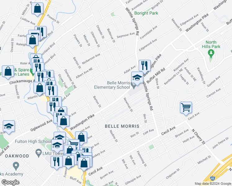 map of restaurants, bars, coffee shops, grocery stores, and more near 2620 Fairview Street in Knoxville