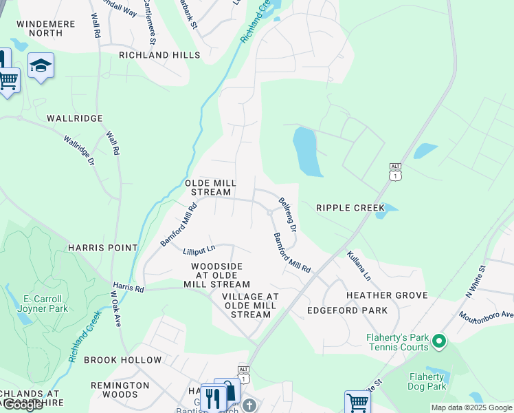 map of restaurants, bars, coffee shops, grocery stores, and more near 428 Ferry Court in Wake Forest