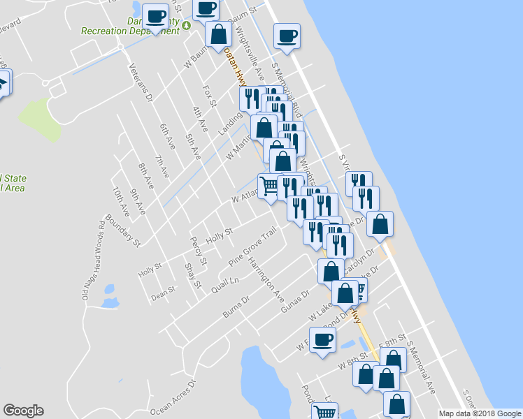 map of restaurants, bars, coffee shops, grocery stores, and more near 304 Holly Street in Kill Devil Hills
