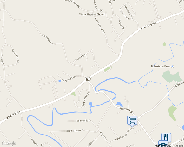 map of restaurants, bars, coffee shops, grocery stores, and more near 6125 West Emory Road in Knoxville
