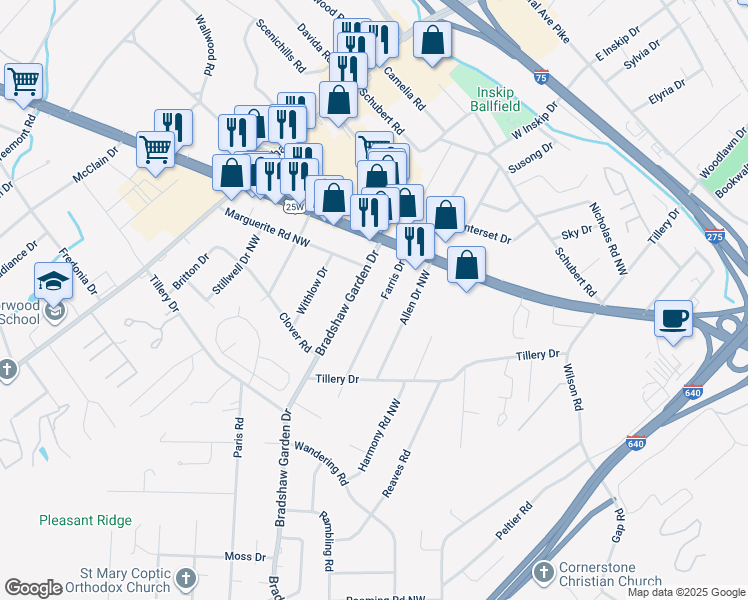 map of restaurants, bars, coffee shops, grocery stores, and more near 1109 Farris Drive in Knoxville