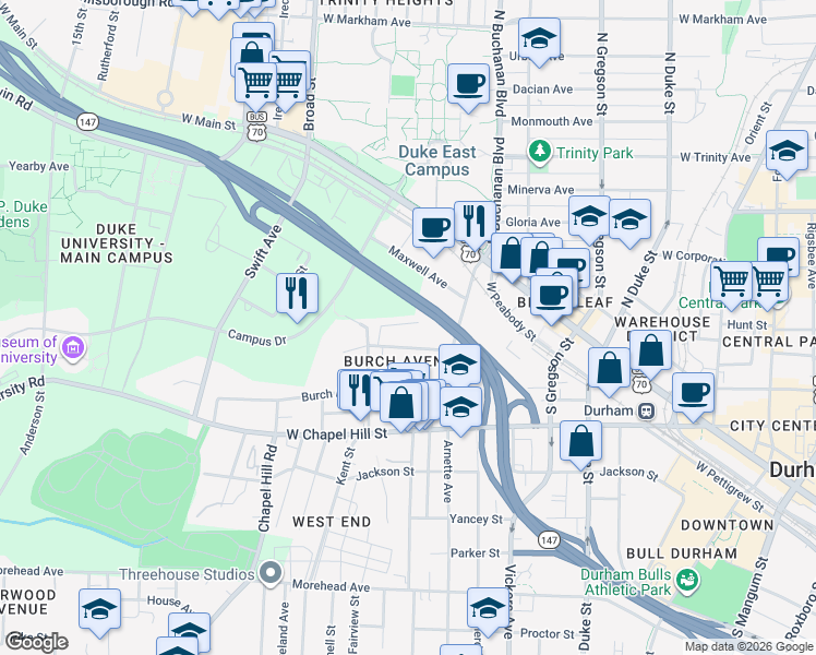 map of restaurants, bars, coffee shops, grocery stores, and more near 909 Rome Avenue in Durham