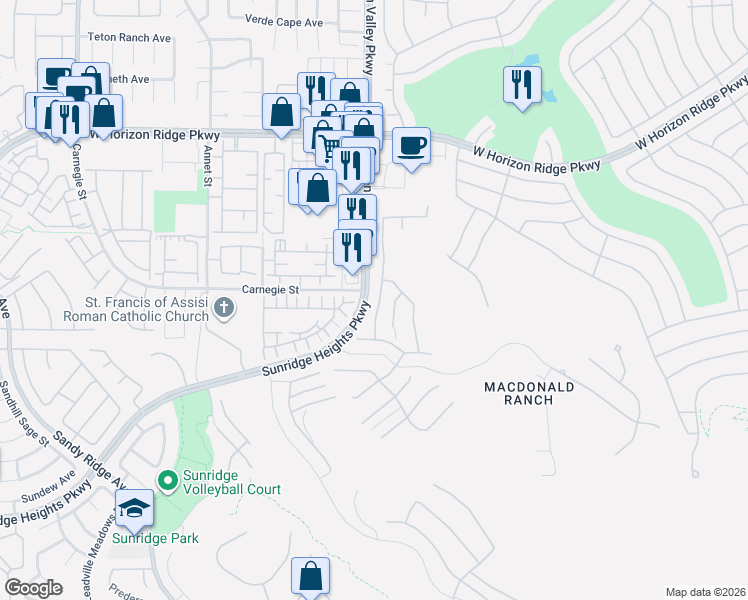 map of restaurants, bars, coffee shops, grocery stores, and more near 771 Glowing Horizon Street in Henderson