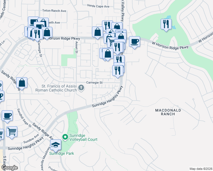 map of restaurants, bars, coffee shops, grocery stores, and more near 763 Elstree Court in Henderson