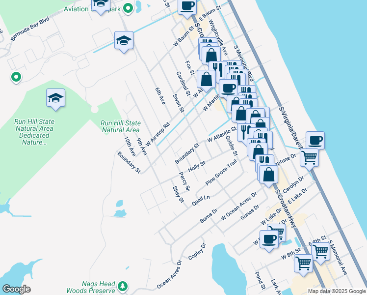 map of restaurants, bars, coffee shops, grocery stores, and more near 600 Boundary Street in Kill Devil Hills