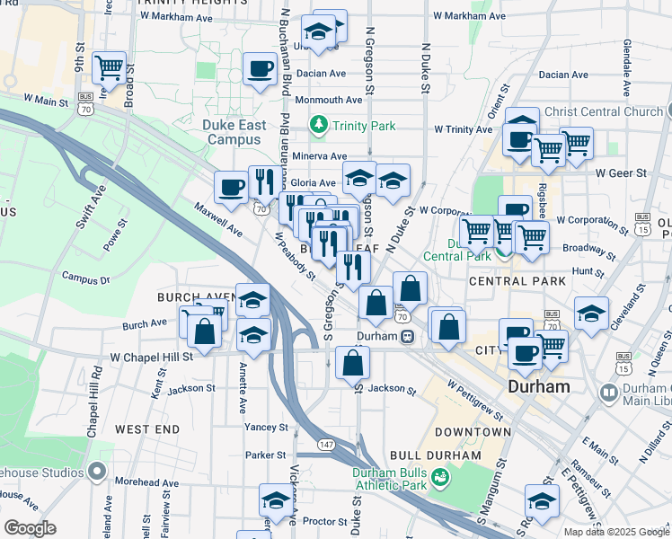map of restaurants, bars, coffee shops, grocery stores, and more near 22 West Peabody Street in Durham